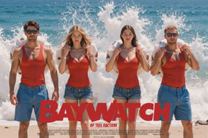 This image presents a photographic poster style typical of modern film promotional art.     The composition focuses on (4 men and women), ((wearing red one-piece swimsuits and lifeguard uniforms with blue shorts)), ((lifeguards hanging on their shoulders)), ((on the beach, lining up) Stand in a row and strike a cool pose)).     The theme may be related to lifeguards, showing athleticism and readiness.  ((Background includes beach scene with ocean water creating huge waves)).     The eye-catching red title "Baywatch" is displayed at the bottom, emphasizing the lifeguard theme.     The subtext goes like this ((“Prepare to be blown away by this action movie. A studio movie.”)) The bottom of the poster and logo goes like this ((“Prepare to be blown away by this action movie. A studio movie.”) Movie.")) At the bottom of the poster and logo are various movie credits.  The overall color palette is bright, highlighting the red clothing and contrasting with the softer sand and sky, drawing the viewer's attention.     This style is designed to catch people's attention with a bright and attractive look.