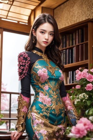 (Song Hye Kyo: 0.8), (Emma Watson: 0.8), Panoramic shot, (best quality, realistic, high-resolution), colorful portrait of a woman with flawless anatomy. She is wearing a stunning flower dress that compliments her vibrant personality. Her skin is extremely detailed and realistic, with a natural and lifelike texture. The background is dark, which creates a striking contrast to the colorful flowers adorning her armor. The flowers on her armor represent her strength and beauty. The lighting accentuates the contours of her face, adding depth and dimension to the portrait. The overall composition is masterfully done, showcasing the intricate details and achieving a high level of realism, flower, outdoors, day, water, blurry, tree, no humans, window, depth of field, chair, table, plant, cherry blossoms, building, scenery, pink flower, blurry foreground, bookshelf, potted plant, architecture, east asian architecture,pout