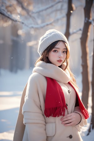 The image appears to be a digital photo showing tall, slender trees in a vast snow-covered forest. In the snow. Their trunks form rhythmic patterns that add depth to the scene. 1 girl, medium close-up, ((((wearing a white knitted sweater, beige coat with plush trim and a red scarf, fitted trousers))). White woolen gloves. Standing on the snow. Snowflakes fell gently around her, adding to the winter atmosphere. The overall atmosphere of the picture is tranquil and somewhat ethereal, with the focus being on the gentle expression of the protagonist and the tranquil winter scenery.