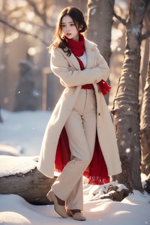 The image appears to be a digital photo showing tall, slender trees in a vast snow-covered forest. In the snow. Their trunks form rhythmic patterns that add depth to the scene. 1 girl, (((wearing a beige coat with plush trim and a red scarf, matching trousers))). Standing on the snow. Snowflakes fell gently around her, adding to the winter atmosphere. The overall atmosphere of the picture is tranquil and somewhat ethereal, with the focus being on the gentle expression of the protagonist and the tranquil winter scenery. ((Girls proportionally smaller)).