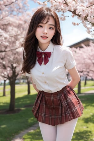 (Song Hye Kyo: 0.8), (Emma Watson: 0.8), masterpiece, best quality, highres, aamahiru, long hair, red bowtie, white shirt, short sleeves, plaid skirt, brown skirt, pantyhose, , standing, cowboy shot, leaning forward, arms behind back, outdoors, cherry blossoms, smile, open mouth.3 point perspective composition,