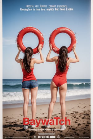 This image presents a photographic poster style typical of modern film promotional art. The composition focuses on (two girls), ((wearing red one-piece swimsuits and lifeguard uniforms with blue shorts)), ((hanging red life-saving floats in their hands)) ((looking toward the sea on the beach) Run away)). The theme may be related to lifeguards, showing athleticism and readiness. ((The background includes a beach scene with blue sky and waves enhancing the coastal vibe)). The eye-catching red title "Baywatch" is displayed at the bottom, emphasizing the lifeguard theme. The subtext goes like this ((“Prepare to be blown away by this action movie. A studio movie.”)) The bottom of the poster and logo goes like this ((“Prepare to be blown away by this action movie. A studio movie.”) Movie.")) At the bottom of the poster and logo are various movie credits. The overall color palette is bright, highlighting the red clothing and contrasting with the softer sand and sky, drawing the viewer's attention. This style is designed to catch people's attention with a bright and attractive look.