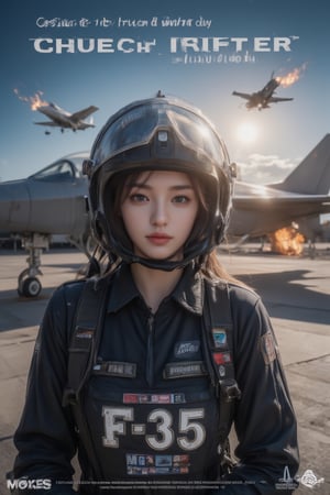 Dramatic movie poster depicting scenes from the movie.    One girl, (short brown hair: 1.4).   In a modern war film, (Wearing a fighter pilot uniform: 1.5), (Wearing a sophisticated pilot combat helmet on his head: 1.5), ((The pilot stands next to an F-35 fighter jet parked on the airport runway, Lean against the plane with one hand)).  (There were also 2 F-35 fighter jets flying over: 1.6).   Blue sky and white clouds.  ((There were multiple explosions, flames, and thick smoke on the ground)).   Thrilling atmosphere.   The subtext goes like this (("Prepare to be blown away by this action movie. A studio movie.")) The bottom of the poster and logo goes like this (("Prepare to be blown away by this action movie. A studio movie.") Movies.")) At the bottom of the poster and logo are various movie credits.