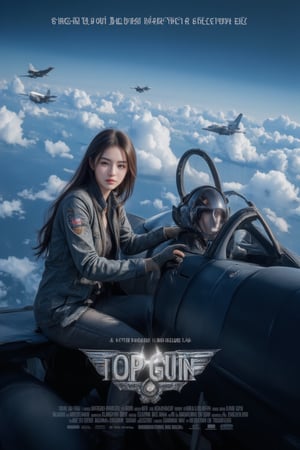 Dramatic movie poster depicting scenes from the movie.  In a modern air battle, a girl wearing a fighter pilot's uniform and a sophisticated pilot combat helmet sat in the cockpit of an advanced fighter jet and operated the aircraft.  Blue sky and white clouds.  There was an enemy plane following the tail end of the aircraft.  Thrilling atmosphere.  The title of the movie is "TOP GUN III" and the subtext goes like this (("Prepare to be blown away by this action flick. A studio movie.")) The bottom of the poster and logo goes like this (("Prepare to be blown away by this action movie. A studio movie.")) An action movie that rocks. A studio movie. ”)) At the bottom of the poster and logo are various movie credits.