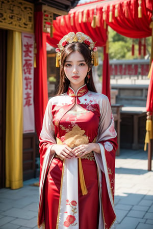 Half-length photo, standing, of a girl wearing traditional Han Chinese wedding attire, consisting of a beautifully embroidered bright red dress with stand-up collar and long skirt, with delicate floral embellishments and decorative headpiece, with hanging jewelry and floral accessories, emanating Big smile and joy, holding red embroidered silk handkerchief in hand.  Chinese architecture, red, golden yellow, red lantern, photography, masterpiece, best quality, 8K, HDR, Nikon AF-S 105mm f/1.4E ED,