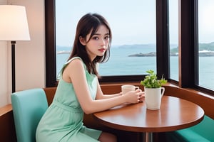 Surreal photo of beautiful girl sitting in cafe, 20 years old, 1 girl, solo, delicate delicate face, soft shiny skin, smiling, looking at viewer, elegant dress, [mint green and pink]. Sea view cafe, table, coffee cup, window, lamp, flower, (girl focus), girl picture has smaller proportions.