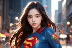 The composition focuses on a single female character, Superwoman, who is delicately depicted and placed centrally. She has long, flowing hair and wears an elaborate outfit, with a blurred background of city buildings and lights highlighting the character. Warm, soft lighting highlights her facial features and the details of her clothing.
