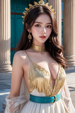 This image shows a girl dressed in a Greek style. The art style is realism. The composition is a full-length portrait, with the woman facing forward. She wears a long white dress with gold and turquoise details including a gold collar, cleavage, medium breasts, a belt and a headdress decorated with beads. The main character has long brown hair and a serious expression. The background is pure white, highlighting the details of the garment. Her accessories and makeup alluded to ancient Greek fashion, combining historical references with modern touches. Background ancient city ruins in Greece