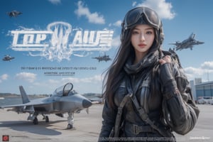 Dramatic movie poster depicting scenes from the movie.  In a modern war film, a girl wearing a fighter pilot's uniform and a sophisticated pilot's combat helmet stood next to an advanced fighter jet parked on the airport runway.  There were also enemy black jet fighters flying over in the sky.  Blue sky and white clouds.  Thrilling atmosphere.  The title of the movie is "TOP GUN III" and the subtext goes like this (("Prepare to be blown away by this action flick. A studio movie.")) The bottom of the poster and logo goes like this (("Prepare to be blown away by this action movie. A studio movie.")) An action movie that rocks. A studio movie. ”)) At the bottom of the poster and logo are various movie credits.