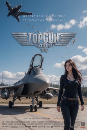 Dramatic movie poster depicting scenes from the movie.  In a modern war film, a girl wearing a fighter pilot's uniform and a sophisticated pilot's combat helmet stood next to an advanced fighter jet parked on the airport runway.  There were also enemy black jet fighters flying over in the sky.  Blue sky and white clouds.  Thrilling atmosphere.  The title of the movie is "TOP GUN III" and the subtext goes like this (("Prepare to be blown away by this action flick. A studio movie.")) The bottom of the poster and logo goes like this (("Prepare to be blown away by this action movie. A studio movie.")) An action movie that rocks. A studio movie. ”)) At the bottom of the poster and logo are various movie credits.