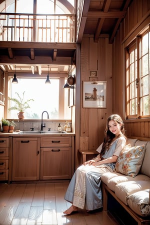 Panoramic shooting, super wide angle.  Depiction of a cozy, Nordic style small home interior.  The overall color tone is mainly white and light blue.  The home includes a small open kitchen with white cabinets, a compact oven and a small sink.  There are two seating areas with cushioned benches and headrests.  A staircase with built-in storage leads to a loft bed area.  The backdrop includes wood wainscot walls, round windows and high ceilings with recessed lighting.  Other details include a circular woven rug on the wooden floor and various decorative items such as vases and wall art, creating a cozy, homely feel.  (A girl with long brown hair tied into a ponytail, smiling, wearing loose home casual clothes), (sitting comfortably on the sofa, looking at the camera); plenty of natural light, warm and pleasant atmosphere.  Indoor plants add greenery, and indoor and outdoor elements are harmoniously blended in a realistic style.  Bright daylight, stylish and comfortable interior.  The theme of the composition is a modern loft, and the characters are supporting characters.