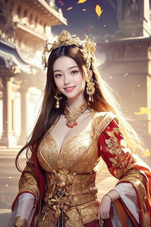 High wide angle photography. The central composition shows a noble woman, the Empress, wearing the red, gold, ornate and exquisite clothing of the Tang Dynasty in China, with intricate patterns on her clothing. Gorgeous and majestic. Her headdresses are detailed and ornate, enhancing their majestic appearance. Full-frontal shot, the protagonist stands in a quiet and dreamy scene, with the vast ancient palace complex in the background. The architectural style is reminiscent of typical East Asian design, characterized by tile roofs and multi-story structures. Dramatic atmosphere. Falling leaves and branches frame the composition, adding movement and depth. Overall, the work exudes an air of mystery and imperial grandeur.