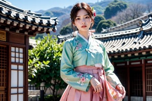 Shot at a wide angle, this photo shows a woman wearing traditional Korean clothing. The art style is vivid and realistic, capturing the rich textures and colors of the clothing. The focus is on the woman, (((smile))) who turns slightly towards the camera and smiles softly. ((Her hanbok consists of a delicately embroidered light green top and a pink skirt)). Wearing (((traditional Korean hairstyle and hair accessories))) (((Eonjun Meori))). Outdoors, the background showcases detailed traditional Korean architecture. ancient city. The overall composition emphasizes cultural heritage and elegance.