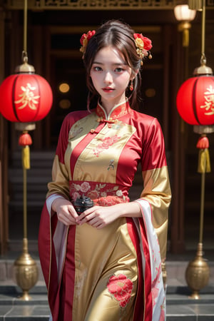 Half-length photo, standing, of a girl wearing traditional Han Chinese wedding attire, consisting of a beautifully embroidered bright red dress with stand-up collar and long skirt, with delicate floral embellishments and decorative headpiece, with hanging jewelry and floral accessories, emanating Big smile and joy, holding red embroidered silk handkerchief in hand.  Chinese architecture, red, golden yellow, red lantern, photography, masterpiece, best quality, 8K, HDR, Nikon AF-S 105mm f/1.4E ED,