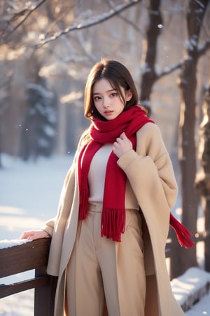 The image appears to be a digital photo showing tall, slender trees in a snow-covered forest. Their trunks form rhythmic patterns that add depth to the scene. 1 girl, (((wearing a beige coat with plush trim and a red scarf, matching trousers))). Standing on the snow. Snowflakes fell gently around her, adding to the winter atmosphere. The overall atmosphere of the picture is tranquil and somewhat ethereal, with the focus being on the gentle expression of the protagonist and the tranquil winter scenery. ((Girls proportionally smaller)).