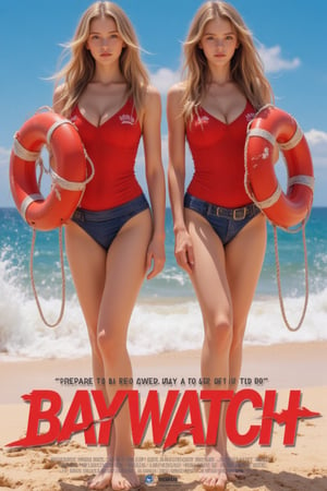 This image presents a photographic poster style typical of modern film promotional art.    The composition focuses on (two girls), ((wearing red one-piece swimsuits and lifeguard uniforms with blue shorts)), ((red life preservers hanging on their hands)) ((emphasis on the vitality and readiness for action) posture)).    The theme may be related to lifeguards, showing athleticism and readiness.  ((The background includes a beach scene with blue sky and waves enhancing the coastal vibe)).    The eye-catching red title "Baywatch" is displayed at the bottom, emphasizing the lifeguard theme.    The subtext goes like this ((“Prepare to be blown away by this action movie. A studio movie.”)) The bottom of the poster and logo goes like this ((“Prepare to be blown away by this action movie. A studio movie.”) Movie.")) At the bottom of the poster and logo are various movie credits.  The overall color palette is bright, highlighting the red clothing and contrasting with the softer sand and sky, drawing the viewer's attention.    This style is designed to catch people's attention with a bright and attractive look.