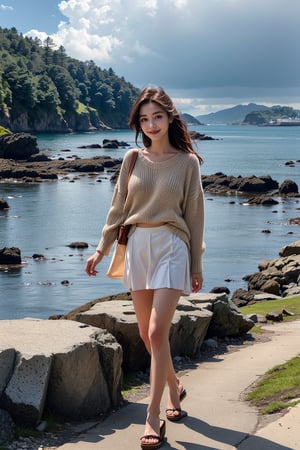 The photo shows a young woman standing on a rocky beach.  The composition of the image is casual and candid.  The subject is wearing a beige sweater and a white skirt and has sexy long legs.  Show off a sexy and charming smile.  Embodying a feeling of happiness and freedom.  She is carrying a brown cross-body bag.  The background includes a tranquil coastal landscape, a rocky shoreline, calm ocean waves, and distant forested hills under a partially cloudy sky.  There is a walking path with stone walls on the right side of the image, indicating a coastal path or promenade.  The overall mood is relaxed and cheerful.