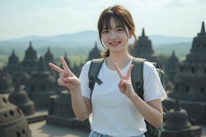 The film is grainy and realistic (full-body shooting: 1.5). 1 girl, (smile:1.5), ((long brown hair, tied into a ponytail)). ((Wearing white T-shirt, blue jeans, white sneakers)). ((Wearing a travel backpack)). (Hands raised in peace gesture: 1.6). Solo, {beautiful and detailed eyes}, (medium chest: 1.3), real hands, calm expression, natural soft light, delicate facial features, blunt bangs, very small earrings. The background is (Indonesia's famous Borobudur: 1.7), ((beautiful scenery as the theme, the girl is a supporting role)). ((Use a wide-angle lens to capture a panorama)).