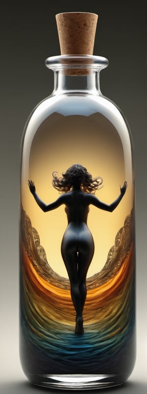Full body shot, Nsfw, Top quality, masterpiece, super high resolution, (Photorealistic: 1.4), (Zentangle: 1.2), classic, Tyndall effect, bright background, bright colors, one girl, well-shaped beautiful face, ((naked, pussy and nipple)), ((Giant glass standing in a bottle)), full body, looking at the viewer, deep shadows, old table background, real hands, ((a detailed Wind Elemental face,Windy Elemantal,detailmaster2)), ((Cork bottle)), (((front_view))), Bottle,
