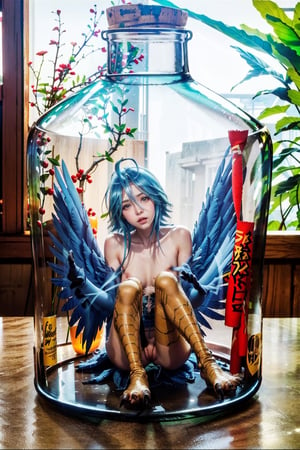 1girl, photorealistic, asian girl, full body, 16 years old, bare chest, exposed stomach, bare thighs, open legs, innocent look, blue eyes, seleste blue hair, yellow eyes, park background, daddy, harpy, blue feather wings, eagle claws, eagle feet, human hands, confused face, (((Full body, Perfect body proportions))), , (((naked, no clothes, pussy and nipple))), in a jar, (((sitting in a giant glass bottle, Bottles corked))), jar