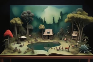 3D diorama model of Bosch's strange jungle hell,water colours,(ink lines:1.3),at noon,dark green sky,thick shadows,(in the style of Hieronymus Bosch:1.2),chic colours,nostalgic,loneliness,old fashioned,photorealistic,realism