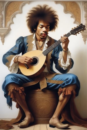 oil painting on canvas,musician Jimi Hendrix playing electric lute on the Rococo stage,(in the style of Albrecht Dürer:1.2),white background,nostalgic,loneliness,old fashioned