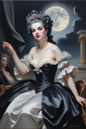 oil painting on canvas,cruel Queen of the Night in black on the opera stage,(in the style of François Boucher:1.2),white background,chic colours,nostalgic,loneliness,old fashioned
