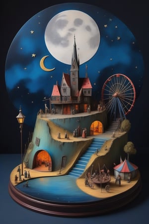 3D diorama model of Bosch's strange carnival hell,water colours,(ink lines:1.3),at starry night,crescent moon,dark blue sky,dark shadows,(in the style of Hieronymus Bosch:1.2),chic colours,nostalgic,loneliness,old fashioned,photorealistic,realism