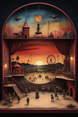 3D diorama model of Bosch's strange circus hell,water colours,(ink lines:1.3),at sunset,dark red sky,dark shadows,(in the style of Hieronymus Bosch:1.2),chic colours,nostalgic,loneliness,old fashioned,photorealistic,realism