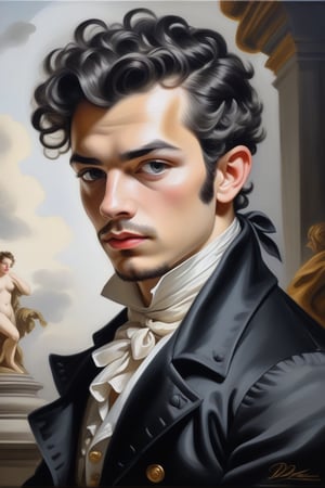 oil painting on canvas,short haired Deus Ex Machina in black on the opera stage,(in the style of François Boucher:1.2),white background,nostalgic,loneliness,old fashioned