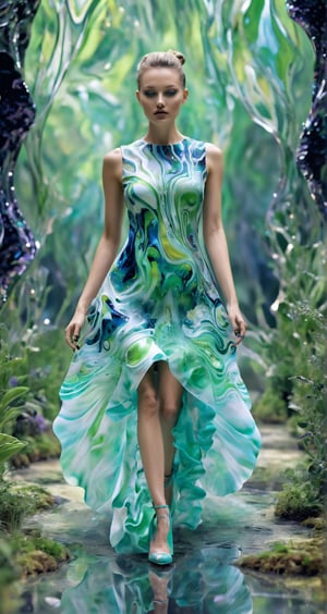 (biomorphism high fashion model), Biomorphic landscape, Delicate details, Splash art, concept art, pop color, Wearing a dress with a biomorphism design, 8k resolution blur, shiny glass effect,  