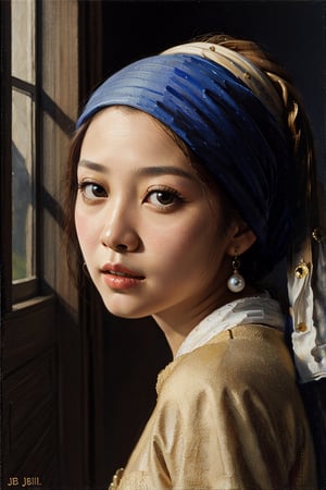 Johannes Vermeer, Girl with a Pearl Earring, asian girl face,BJ_Oil_painting,photorealistic,Masterpiece,Bomi,1gir1