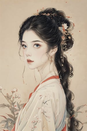 Natural Light, (Best Quality, Highly Detailed, Masterpiece: 1.2), 16k, Depth of Field, ((Wide Angle Lens)), 1girl A lady with long black hair, barefoot, wearing pure white strapless traditional Chinese dress, white silk thread, transparent watercolor (Beautiful and detailed eyes), (Realistic and detailed skin texture), (Detailed hair), (Realistic light and shadow), (Clean outlines, sketch-style line art), splash ink, spectacle art and beauty, global popular art ,