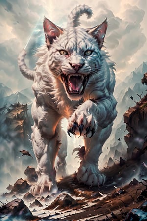 high definition image of white cat with sharp claws roaring,Dark fantasy v2,perfect light