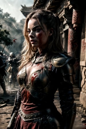 full body shot (detailed beautiful eyes and detailed face, masterpiece side light, masterpiece, best quality, detailed, high resolution illustration),  Margot Robbie warrior from the future fighting with an aliens on a battlefield on the planet, Her armor was damaged in many places,blood on her face,(Ancient Chinese) her hood was broken, ((and blood flowed from the seams in her armor:1.38)), but she still fought tenaciously. she had tired eyes, (heavy dusty background:1.36), (blur background:1.36), walking, (open chest armor:1.38), front_view, ,rndmln,mech4rmor, (close up shots:1.38), ((close up half body shots:1.38)) ,xyzabcplanets,m4rg0t,4rmorbre4k,perfect light,xuer Ancient Chinese armor,photo of perfecteyes eyes