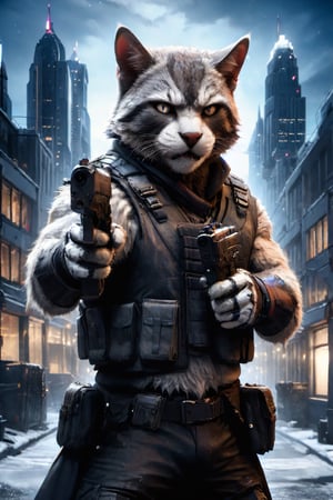 
terrorist with black fur cat face, terrorist dress, vest, tactical gloves, image background of a night city, medium shot, medium view,mw,Muscle, hairy fur, gray fur, gray fur, rage,dual pistols