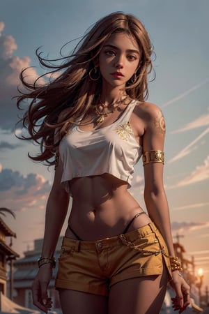 a woman in a white top and bottomless is standing next to a bike with a yellow background and, 1girl, bracelet, brown_hair, jewelry, letterboxed, lips, long_hair, makeup, medium_breasts, midriff, nail_polish, navel, necklace, nose, orange_sky, pink_shorts, realistic, shorts, solo, sun, sunset, tattoo,wristband, yellow_background, yellow_sky, beautiful detailed glow, detailed, Cinematic light, intricate detail, highres, detailed facial features, high detail, sharp focus, smooth, aesthetic, extremely detailed, stamp, octane render,colorful_girl_v2,dark skin