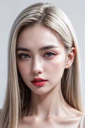 (RAW Photo, Best Quality), (Real, Photo Real: 1.1), Best Quality, Masterpiece, Beauty & Aesthetics, 16K, (HDR: 1.2), (Vivid Color: 1.3), 

Real portrait, white female, ((plasted white eyebrows )), white hair (long hair), pale skin, red lipstick, white bra, pure white background,1 girl 