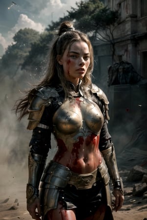 full body shot (detailed beautiful eyes and detailed face, masterpiece side light, masterpiece, best quality, detailed, high resolution illustration),  Margot Robbie warrior from the future fighting with an aliens on a battlefield on the planet, Her armor was damaged in many places,blood on her face,(Ancient Chinese) her hood was broken, ((and blood flowed from the seams in her armor:1.38)), but she still fought tenaciously. she had tired eyes, (heavy dusty background:1.36), (blur background:1.36), walking, (open chest armor:1.38), front_view, ,rndmln,mech4rmor, (close up shots:1.38), ((close up half body shots:1.38)) ,xyzabcplanets,m4rg0t,4rmorbre4k,perfect light,xuer Ancient Chinese armor