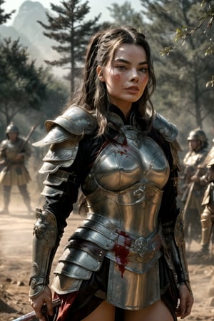 Full body shot of warrior Margot Robbie from ancient China fighting against the army on the battlefield in the woods (detailed beautiful eyes and detailed face, masterpiece side light, masterpiece, best quality, detailed, high resolution illustration) , her armor was spread in many places, there was blood on her face, (Old Chinese) her hood was broken, ((blood flowed from the seams of her armor: 1.38)), and she held a spear in her hand , but she still fought tenaciously. Her eyes are tired, (dust background: 1.36), (blurred background: 1.36), walking, (chest open: 1.38), front view, rndmln, mech4rmor, (close-up: 1.38), ((closed) half-body shot: 1.38)),xyzabcplanets,m4rg0t,4rmorbre4k,perfect light,Xuer ancient Chinese armor