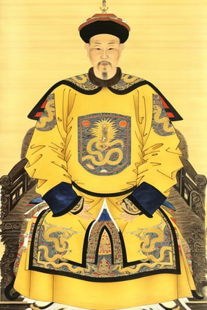front view portrait, full body or upper body, sitting, very formal, clothes in Chinese traditional style,pure yellow painting backgroound,(details inaccurate though), extreme detailed, (masterpiece), (top quality), (best quality), (official art), (beautiful and aesthetic:1.2), (stylish pose), (1 man) no beard, (Qing dynasty style)qing dynasty official hat,yellow Chinese clothes ((Chinese dragon pattern)),sks person,Handsome Thai Men
