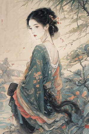 Natural Light, (Best Quality, Highly Detailed, Masterpiece: 1.2), 16k, Depth of Field, ((Wide Angle Lens)), 1girl A lady with long black hair, barefoot,full body,sitting on the riverside, wearing pure white strapless traditional Chinese dress, white silk thread, transparent watercolor (Beautiful and detailed eyes), (Realistic and detailed skin texture), (Detailed hair), (Realistic light and shadow), (Clean outlines, sketch-style line art), splash ink, spectacle art and beauty, global popular art ,