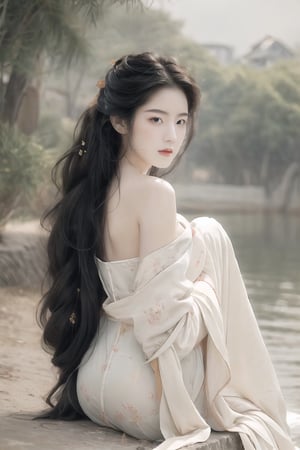 Natural Light, (Best Quality, Highly Detailed, Masterpiece: 1.2), 16k, Depth of Field, ((Wide Angle Lens)), 1girl A lady with long black hair, barefoot,full body,sitting on the riverside, wearing pure white strapless traditional white Chinese dress, white silk thread, transparent watercolor (Beautiful and detailed eyes), (Realistic and detailed skin texture), (Detailed hair), (Realistic light and shadow), (Clean outlines, sketch-style line art), splash ink, spectacle art and beauty, global popular art ,1 girl 