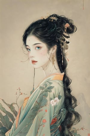 Natural Light, (Best Quality, highly detailed, Masterpiece:1.2), 16k, depth of field, ((wide shot)), 1girl  A lady with long black hair, barefoot, wearing a white strapless kimono, dark green silk thread, Transparent watercolor, splash ink rendering, chaos rendering, (beautiful and detailed eyes), (realistic detailed skin texture), (detailed hair), (realistic light and shadow), (clean outline, sketch style line art),ink splash,Wonder of Art and Beauty,Worldwide trending artwork,
