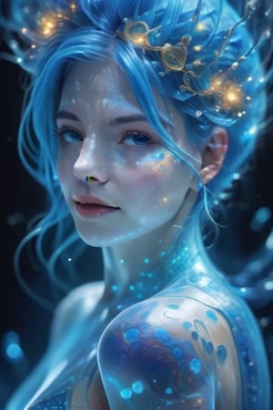 Ultra detailed illustration of a ((((happy woman, blue hair, with a Lot or wisdom and Smart)))), luminous, ghostly figure, (translucent skin: 1.6), (translucent fragments: 1.5), (by Mschiffer: 1.1), neon lights, light particles, colorful, cmyk colors, (firefly light: 1.2), backlit, cyberpunk, smooth natural volumetric cinematic perfect light, ghost, motion blur (ultra wide angle: 0.8), fragmented body parts like mosaic body fragmentation, with a water spiral with broken hearts behind it, bleeding, fragmentation mechanics, high detail, floating parts, 8k, octane rendering masterpiece, masterpiece scale, beautiful water spiral depth of field , ultra-wide field, ultra-detailed CG perspective, ultra-dynamic lighting, stunning shadows, vibrant colors, dramatic lighting (by Agnes Cecile: 1.1), takato yamamoto, ashley wood, atmospheric, visible musical note transmission, (intricate details: 1.12) ,hdr,(intricate details, hyper detailed:1.15),