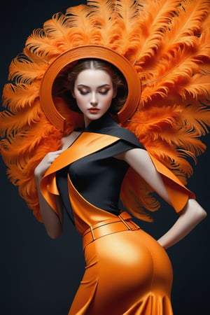 (masterpiece), Slender woman holds a fan of natural orange ostrich feathers in her hand, (she places the open fan of orange ostrich feathers on her waist, as if it were a belt. This highlights her figure and her style), The image has A geometric art style, with simple shapes and solid colors, which give it an elegant and sober look, real and detailed, highlights the color of your eyes, the image must be high impact, the background must be dark and contrast with the figure of the girl, The image must have a high detail resolution of 8k, (full body), (pose of a woman from behind holding her hair), Leonardo Style,A girl dancing,Face makeup,DonMCyb3rSp4c3XL,DonM3l3m3nt4lXL