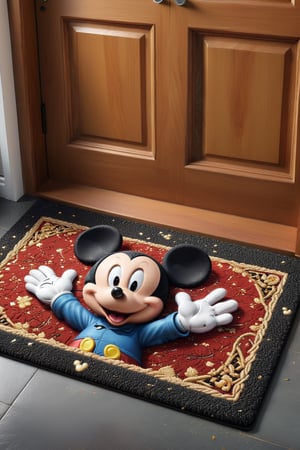 (((masterpiece))),best quality, extremely detailed CG unity 8k, complex pattern,, from random view,  random pose, Cat dropping dead Mickey Mouse on front door mat as a gift for owner