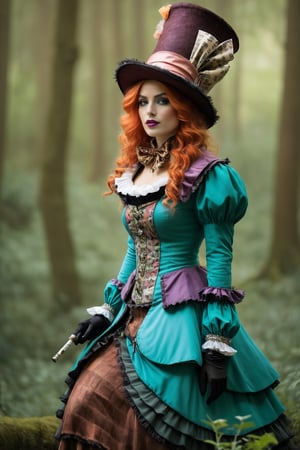 A beautiful woman dressed in the manner of the Mad Hatter and in a fantasy setting