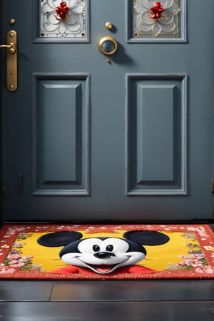 (((masterpiece))),best quality, extremely detailed CG unity 8k, complex pattern,, from random view,  random pose, Cat dropping dead Mickey Mouse on front door mat as a gift for owner