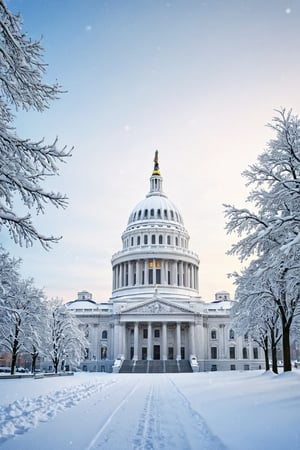 A very beautiful and peaceful photorealistic scene of a snow covered Capital Building
